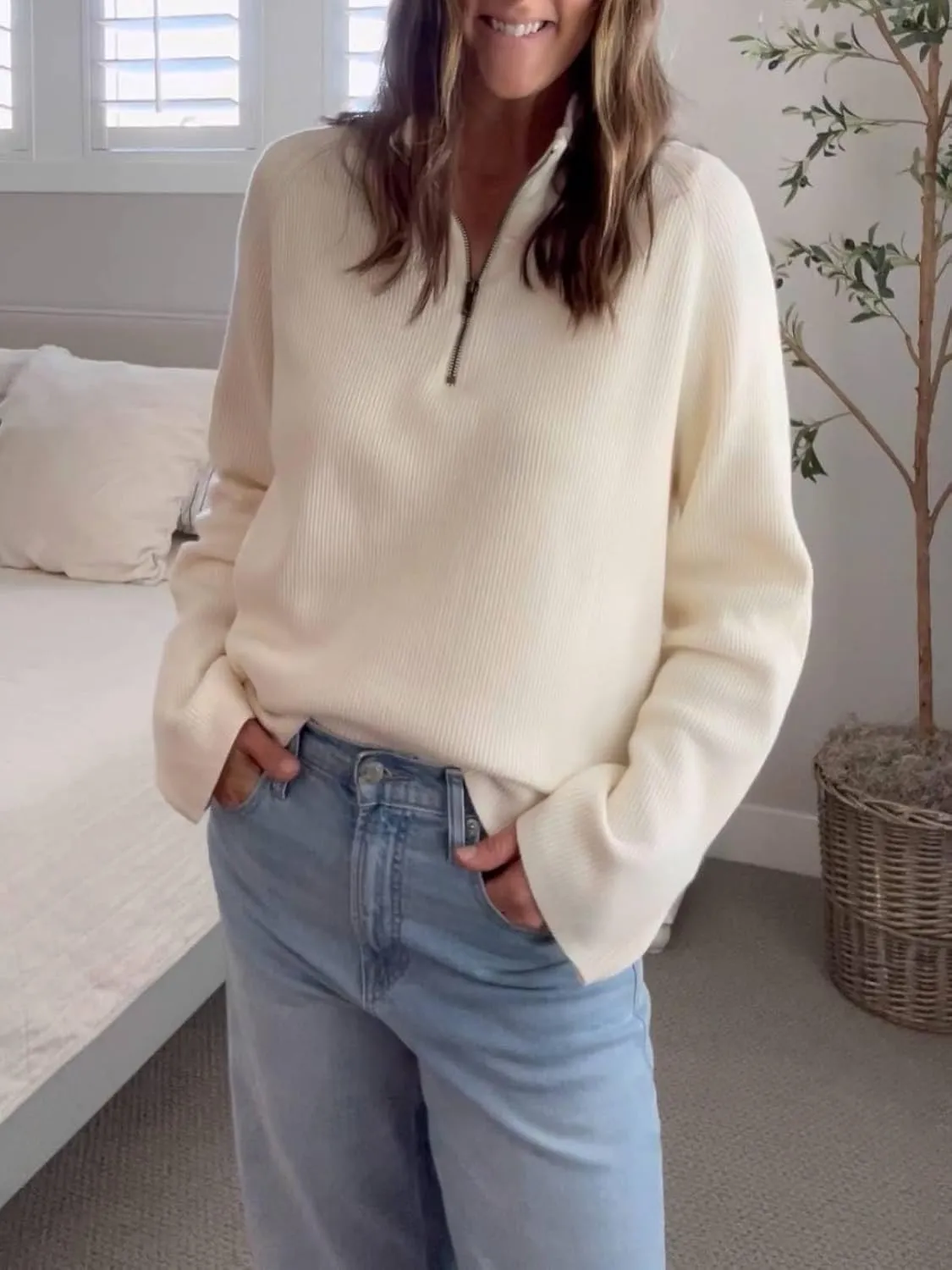 ZANZEA Quarter Zip Pullover Women Long Sleeve Knit Sweater V Neck Fall Tops Fashion Clothes 2024