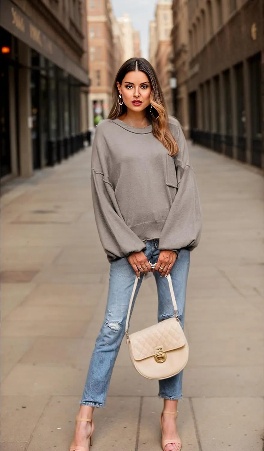 Zeagoo Womens Sweaters 2024 Fall Trendy Outfits Long Sleeve Crew Neck Knit Lantern Pullover Sweater Tops