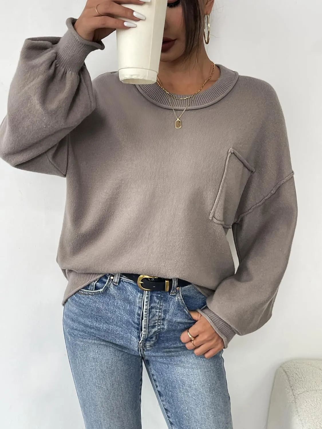 Zeagoo Womens Sweaters 2024 Fall Trendy Outfits Long Sleeve Crew Neck Knit Lantern Pullover Sweater Tops
