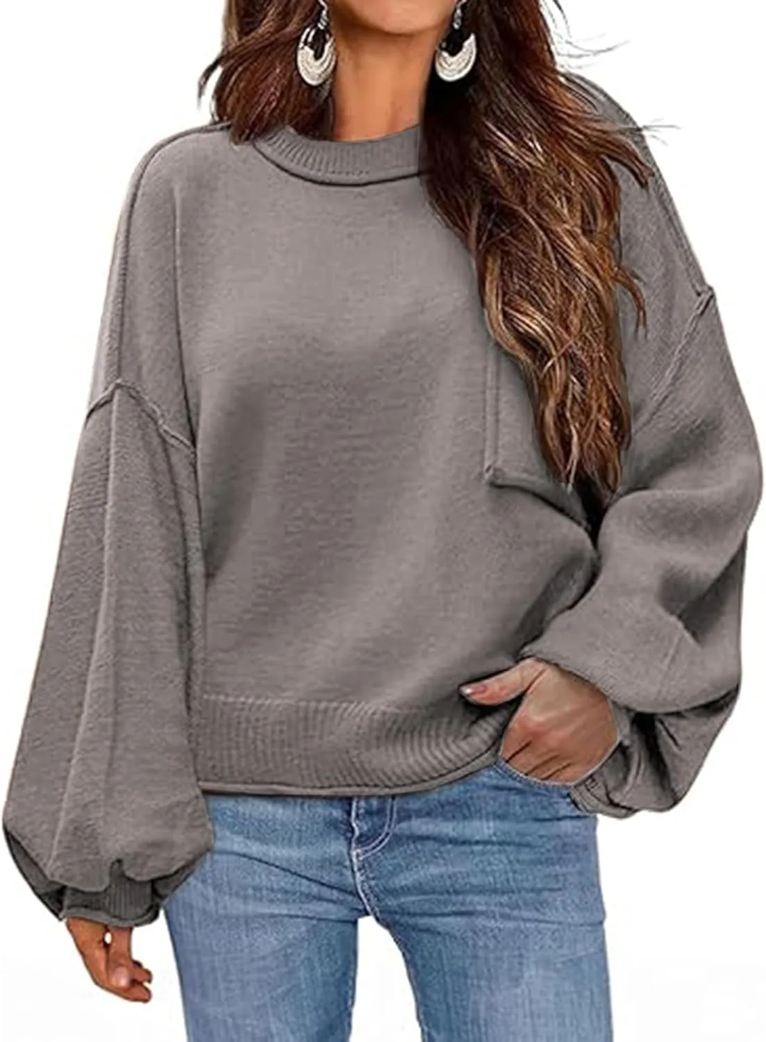 Zeagoo Womens Sweaters 2024 Fall Trendy Outfits Long Sleeve Crew Neck Knit Lantern Pullover Sweater Tops