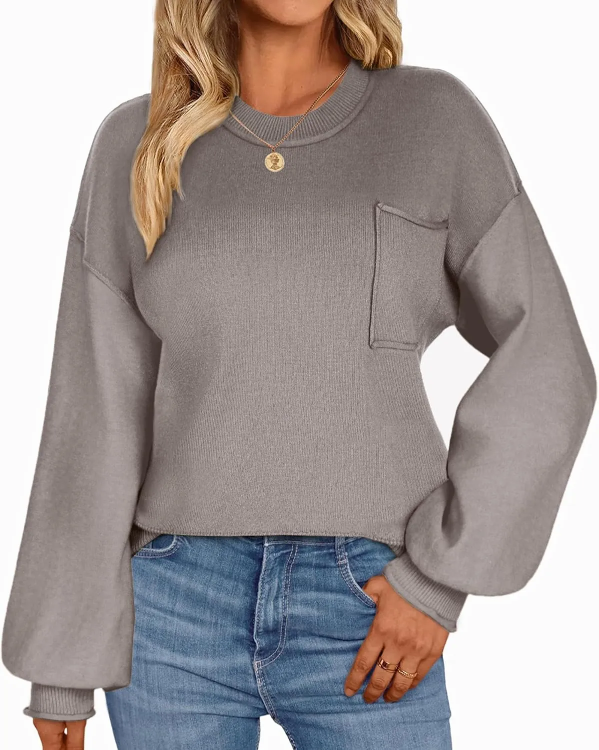 Zeagoo Womens Sweaters 2024 Fall Trendy Outfits Long Sleeve Crew Neck Knit Lantern Pullover Sweater Tops