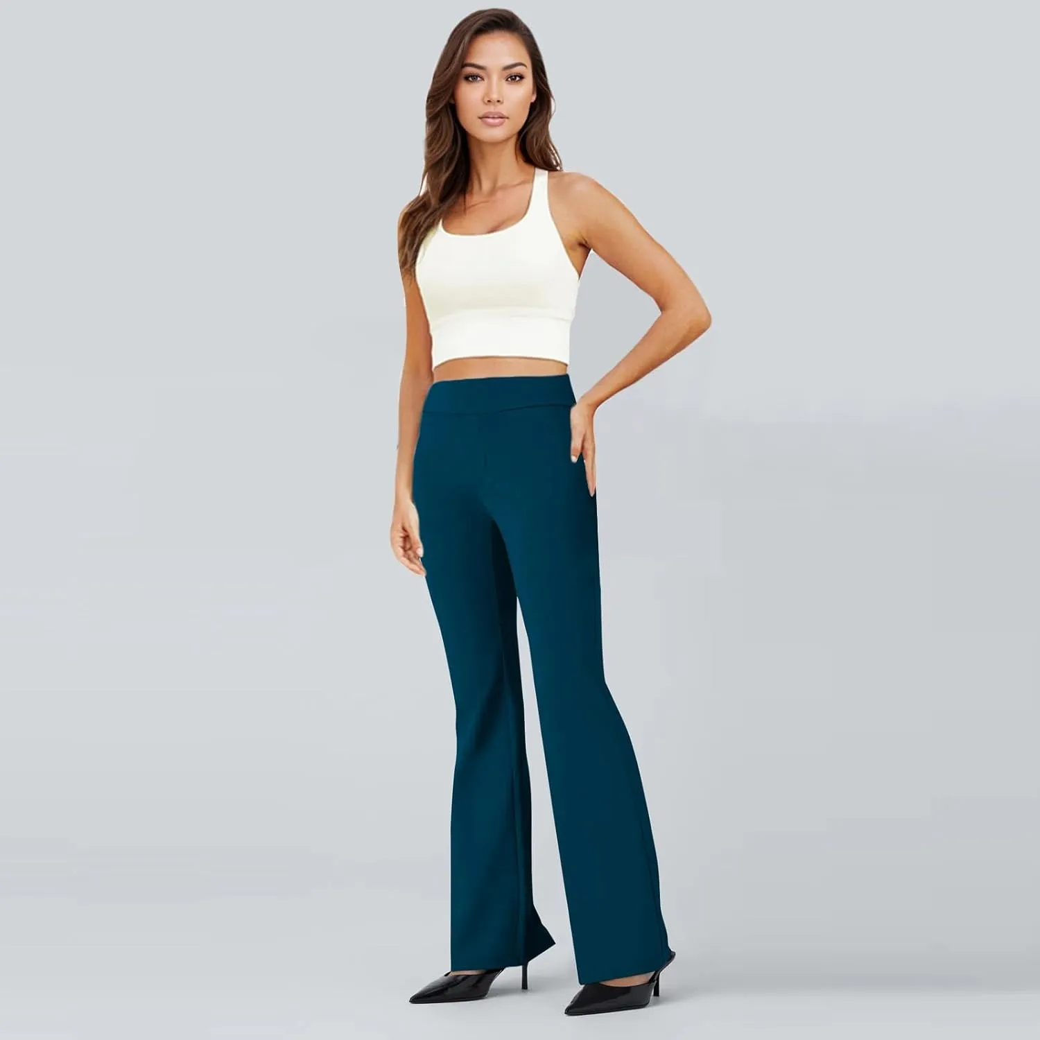 ZEFOTIM Flare Pants for Women Elastic Waist High Waisted Trouser Solid Color Curvy Trousers with Pocket