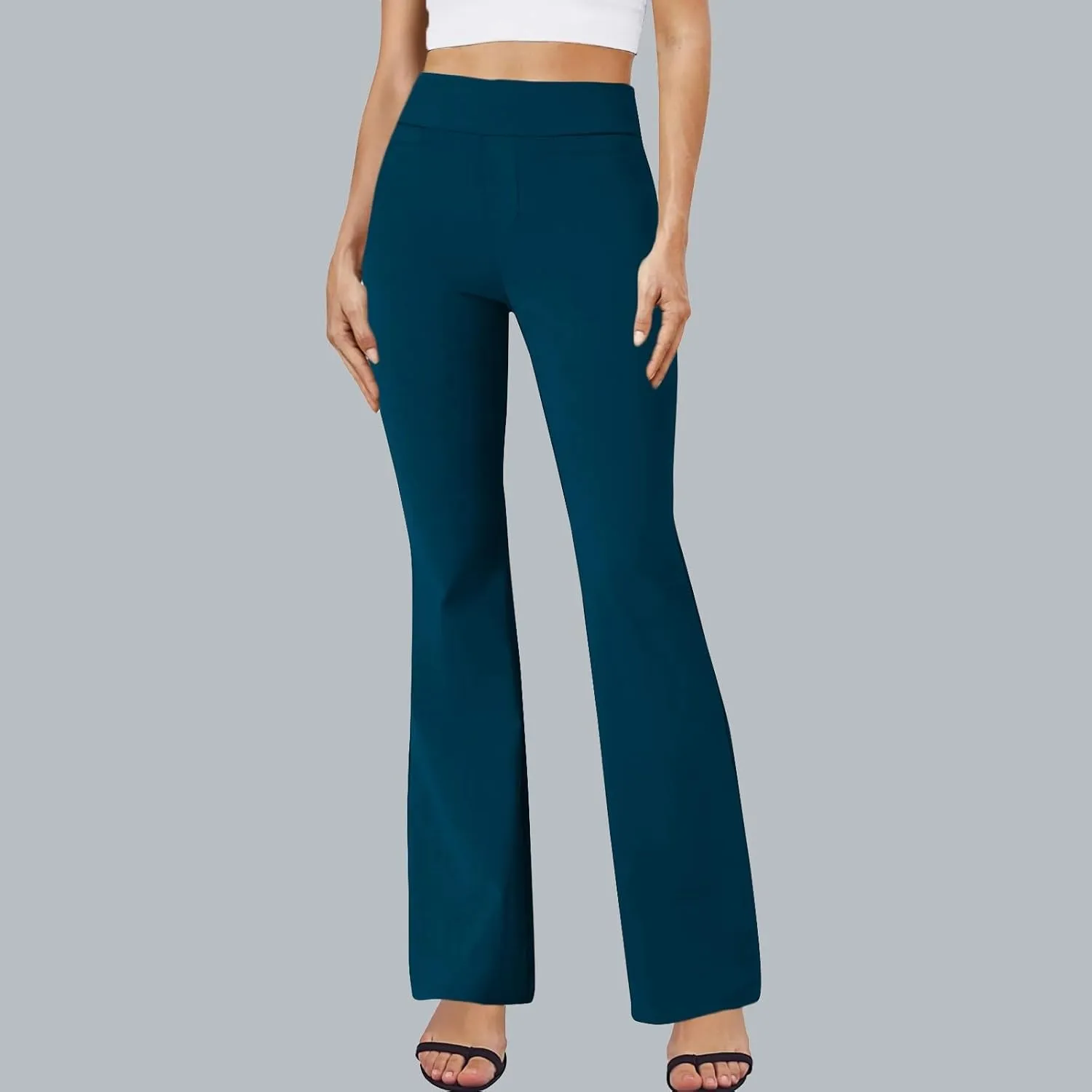 ZEFOTIM Flare Pants for Women Elastic Waist High Waisted Trouser Solid Color Curvy Trousers with Pocket