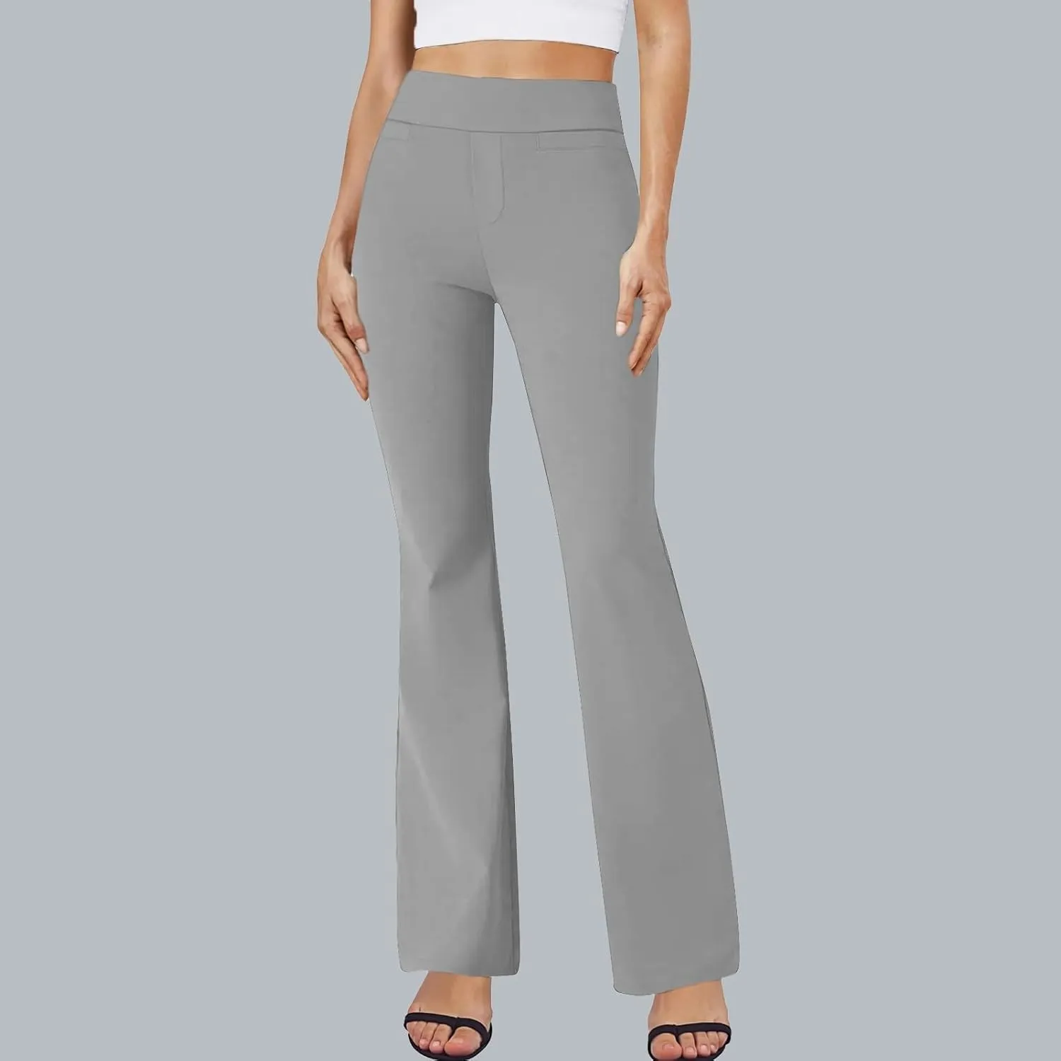 ZEFOTIM Flare Pants for Women Elastic Waist High Waisted Trouser Solid Color Curvy Trousers with Pocket
