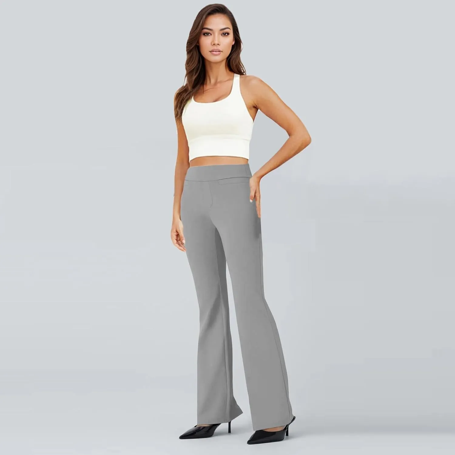 ZEFOTIM Flare Pants for Women Elastic Waist High Waisted Trouser Solid Color Curvy Trousers with Pocket