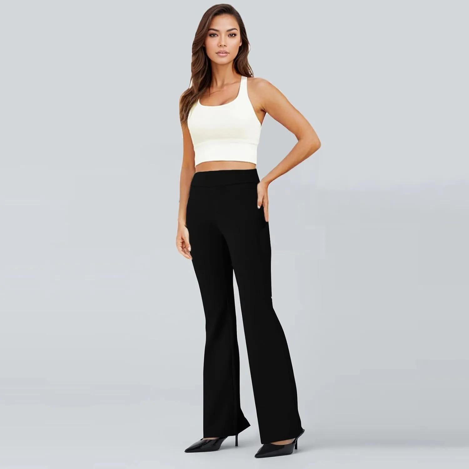 ZEFOTIM Flare Pants for Women Elastic Waist High Waisted Trouser Solid Color Curvy Trousers with Pocket