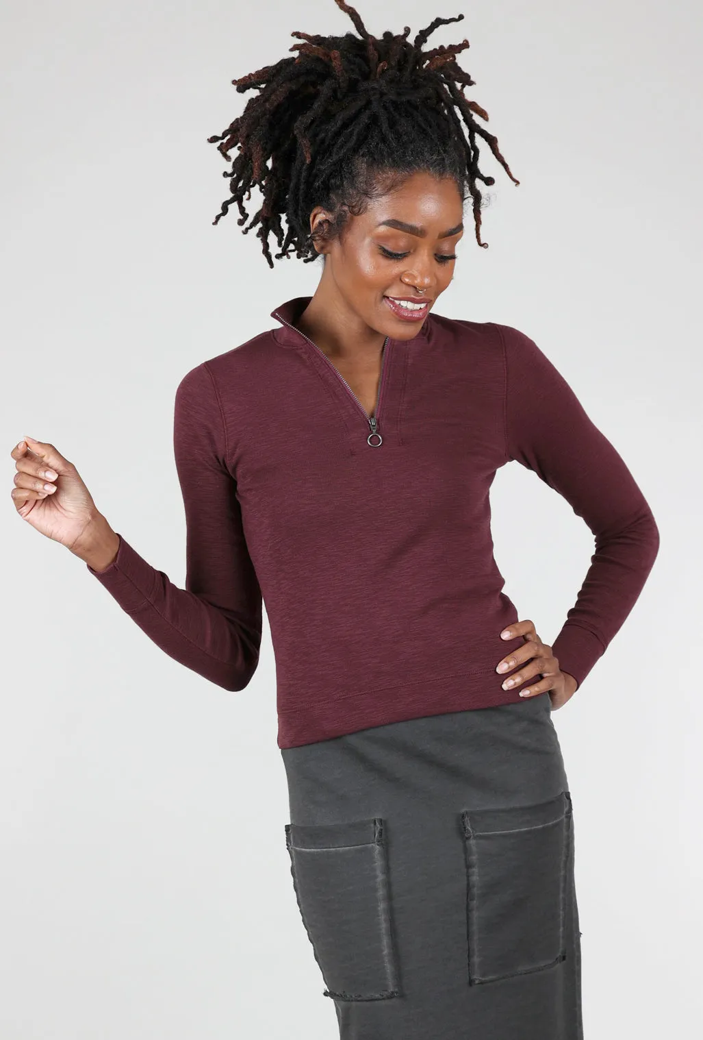 Zip-Front Mock Neck Top, Wine