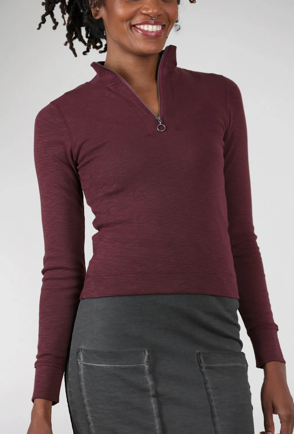 Zip-Front Mock Neck Top, Wine