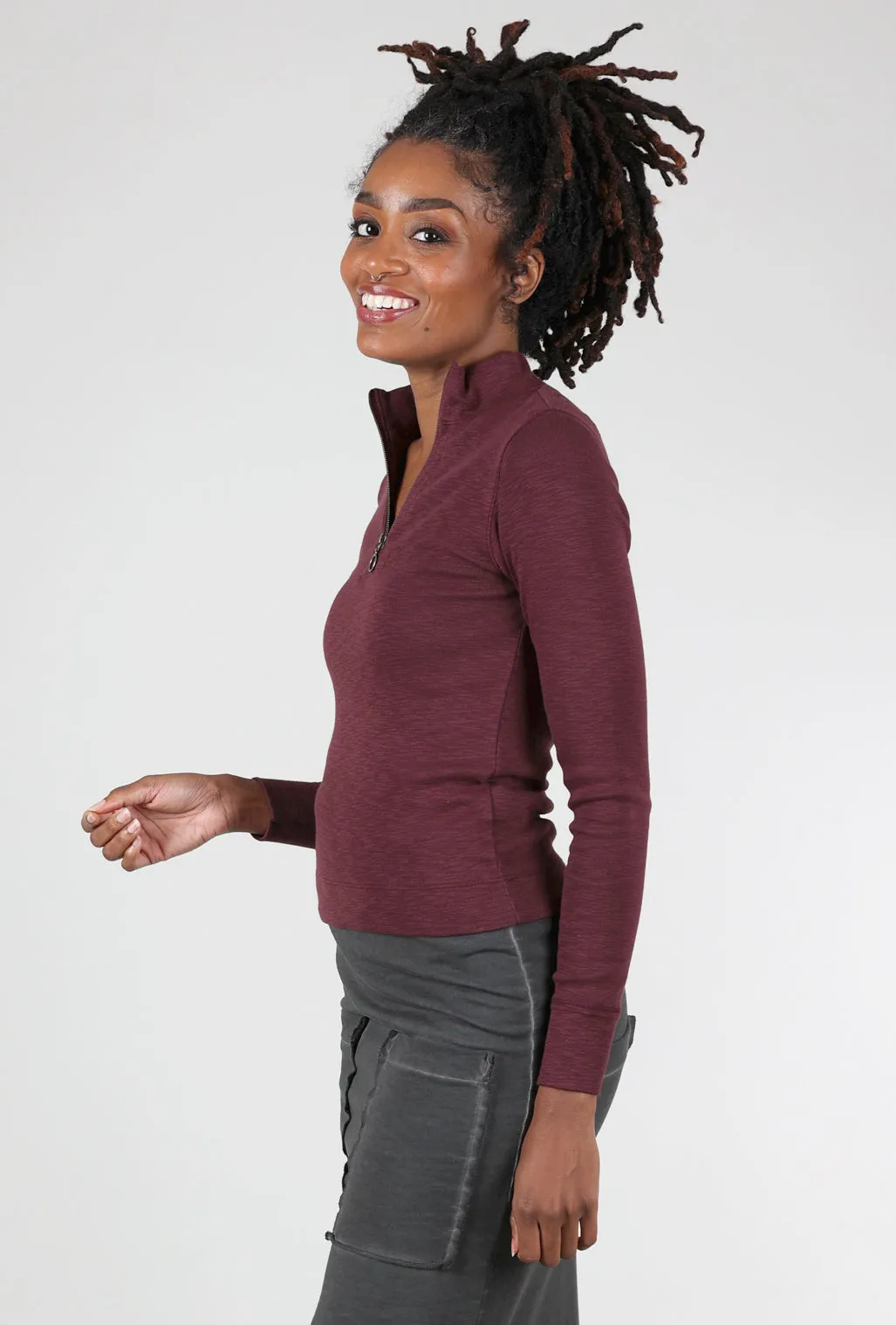 Zip-Front Mock Neck Top, Wine