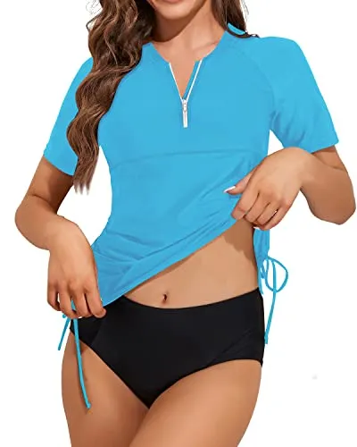 Zipper Bathing Suit 2 Piece Short Sleeve Rash Guard For Women-Aqua And Black