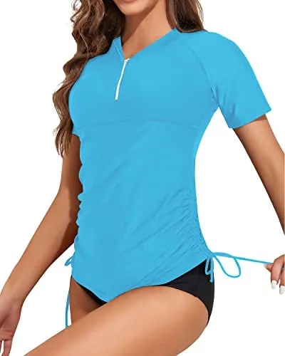 Zipper Bathing Suit 2 Piece Short Sleeve Rash Guard For Women-Aqua And Black