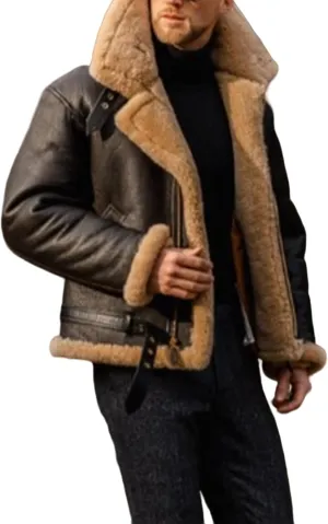 ZWRXW Faux Pu Leather Jacket for Men Fleece Sherpa Lined Winter Coats Heavyweight Button Up Fur Collar Motorbike Jacket