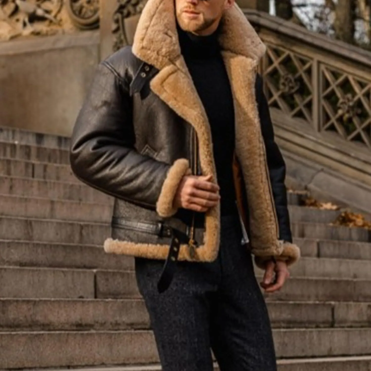 ZWRXW Faux Pu Leather Jacket for Men Fleece Sherpa Lined Winter Coats Heavyweight Button Up Fur Collar Motorbike Jacket