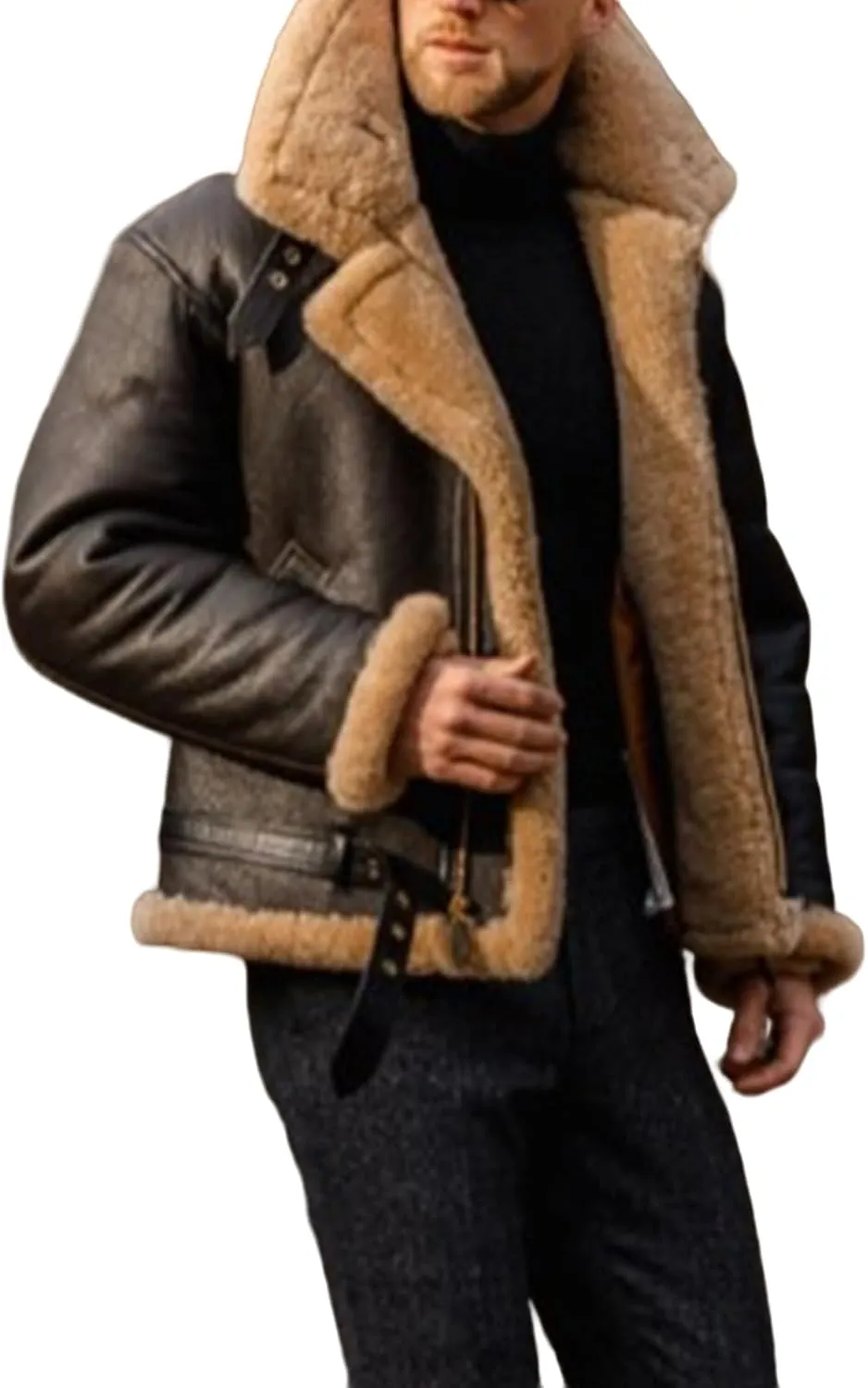 ZWRXW Faux Pu Leather Jacket for Men Fleece Sherpa Lined Winter Coats Heavyweight Button Up Fur Collar Motorbike Jacket