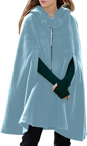 ZYXTIM Women's Wool Blend Hooded Poncho Cape Button Open Front Fall Winter Warm Pea Coat Cloak Elegant Classy Maxi Cape Coat