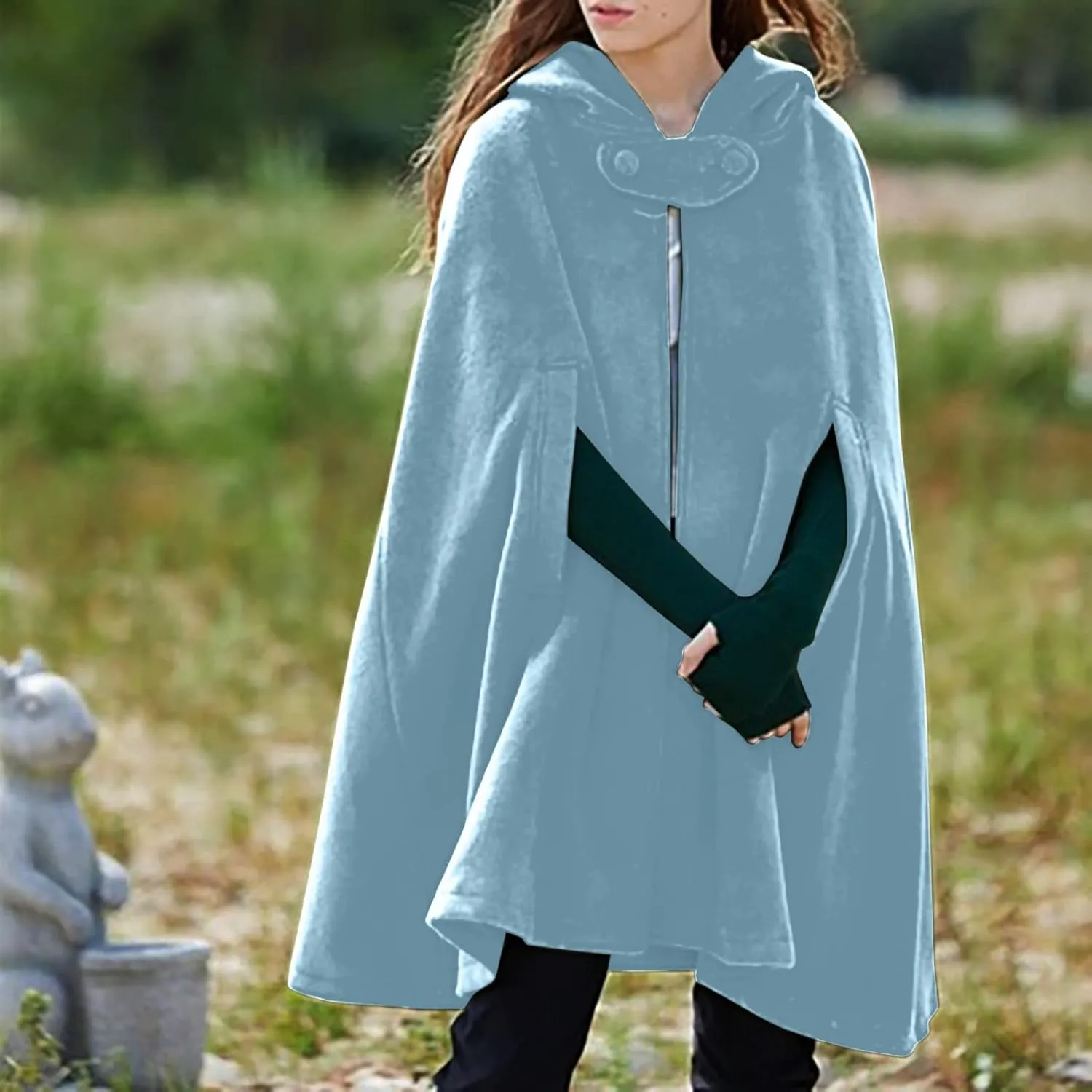 ZYXTIM Women's Wool Blend Hooded Poncho Cape Button Open Front Fall Winter Warm Pea Coat Cloak Elegant Classy Maxi Cape Coat